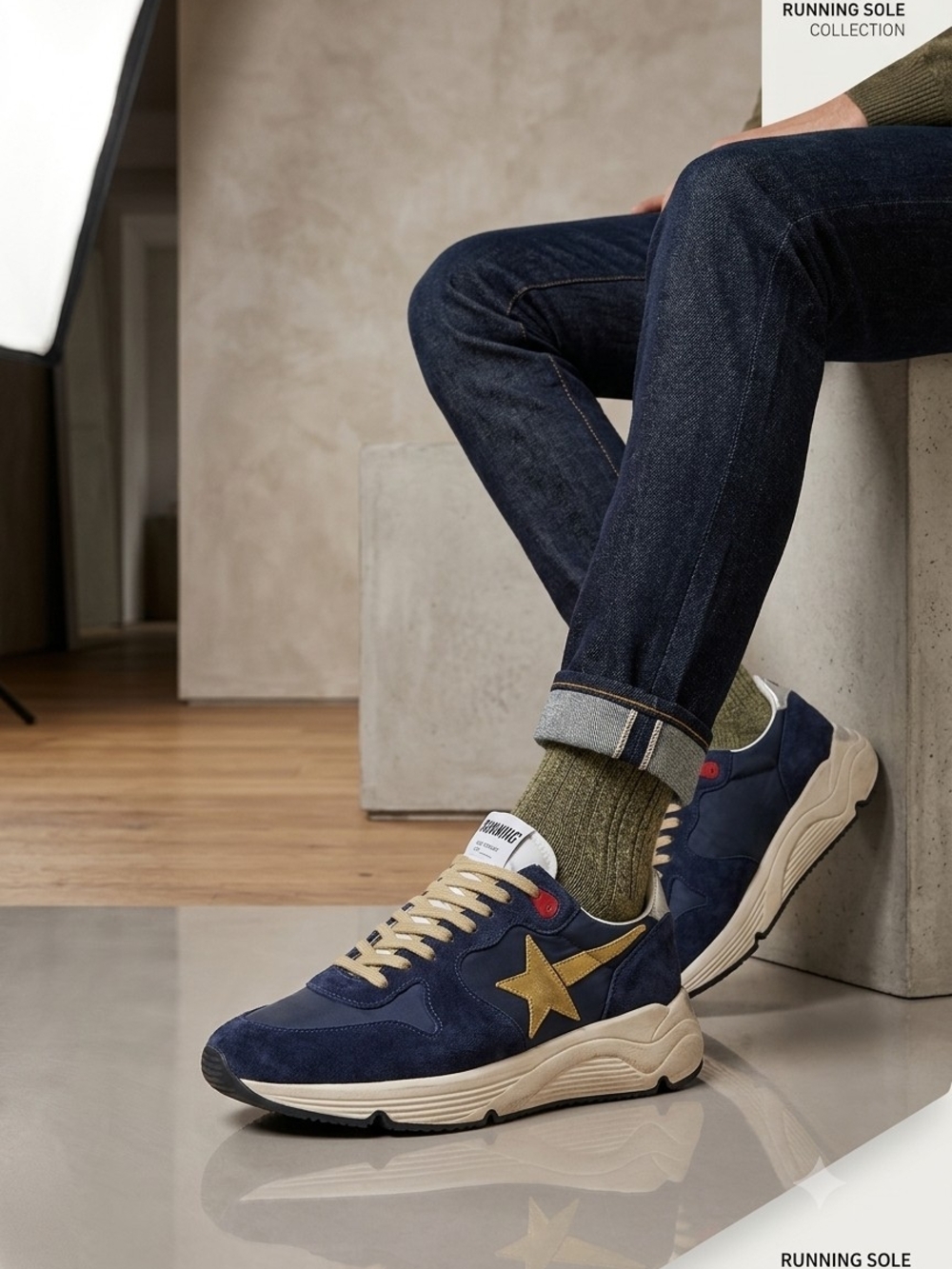 Golden Goose Running Sole Navy Suede Sneakers with Gold Star Size 42